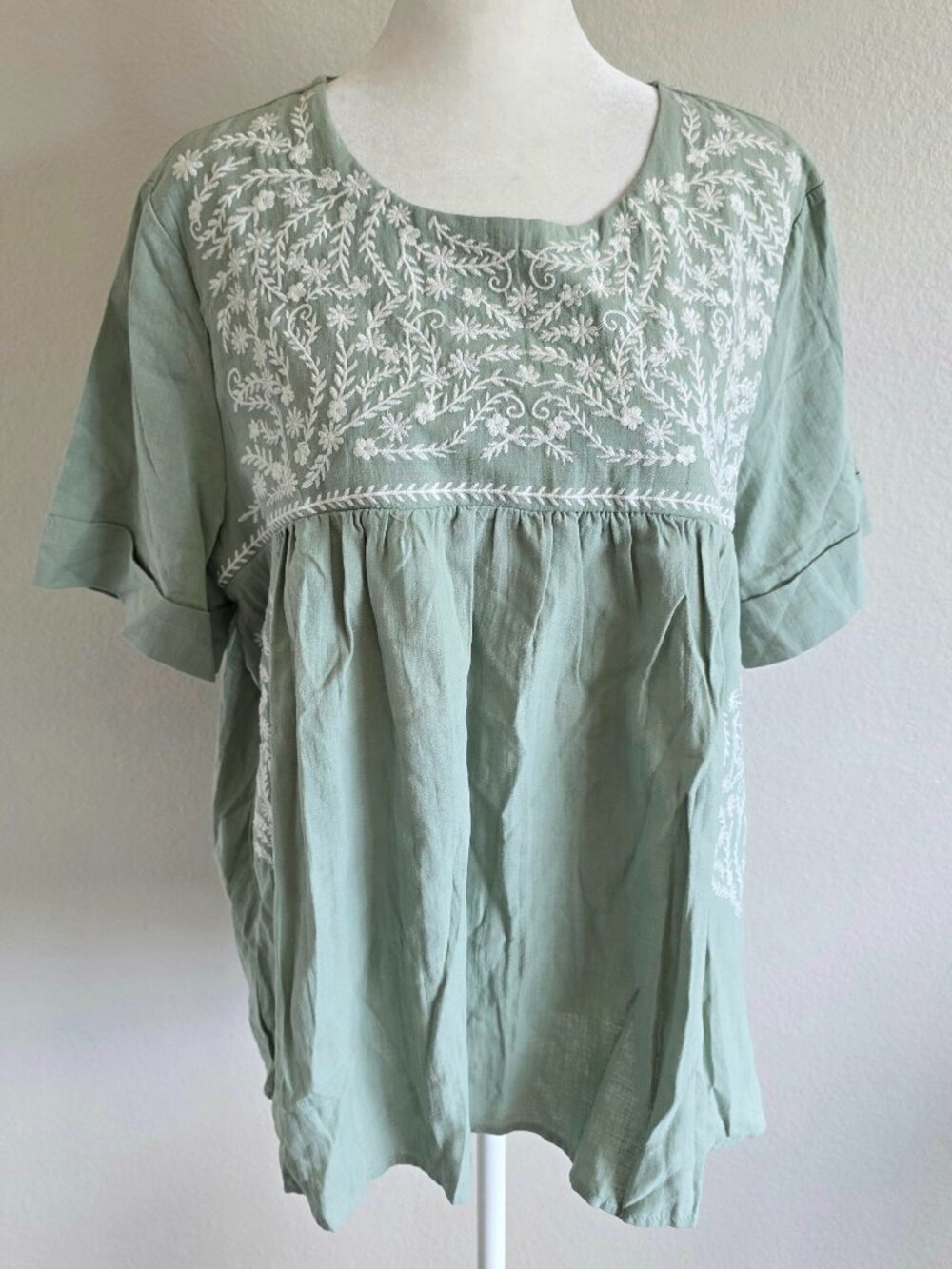 NEW Tea n Rose Top Blouse Embroidered Size XL Mint Green Cotton Boho Peasant